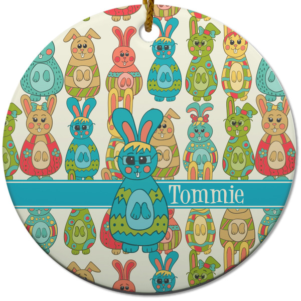 Custom Fun Easter Bunnies Round Ceramic Ornament w/ Name or Text