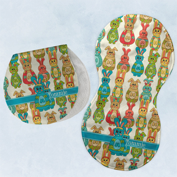 Custom Fun Easter Bunnies Burp Pads - Velour - Set of 2 w/ Name or Text