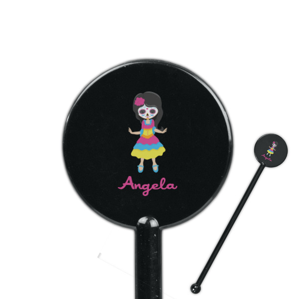 Custom Kids Sugar Skulls 5.5" Round Plastic Stir Sticks - Black - Double Sided (Personalized)