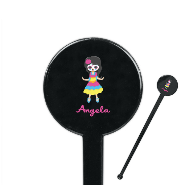 Custom Kids Sugar Skulls 7" Round Plastic Stir Sticks - Black - Single Sided (Personalized)