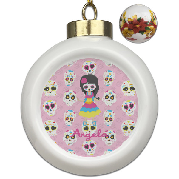 Custom Kids Sugar Skulls Ceramic Ball Ornaments - Poinsettia Garland (Personalized)