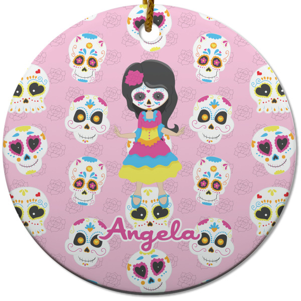 Custom Kids Sugar Skulls Round Ceramic Ornament w/ Name or Text