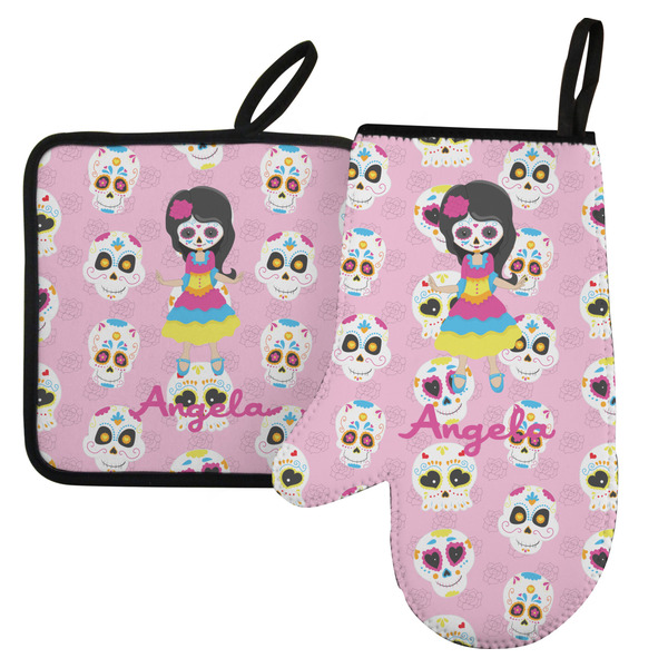 Custom Kids Sugar Skulls Left Oven Mitt & Pot Holder Set w/ Name or Text