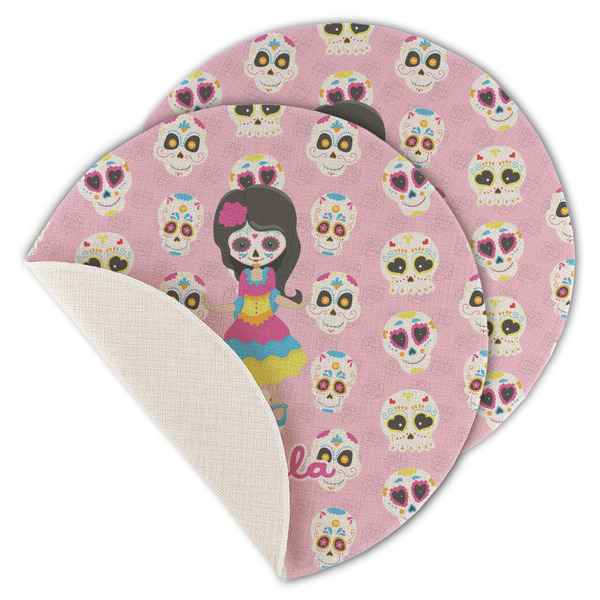 Custom Kids Sugar Skulls Round Linen Placemat - Single Sided - Set of 4 (Personalized)