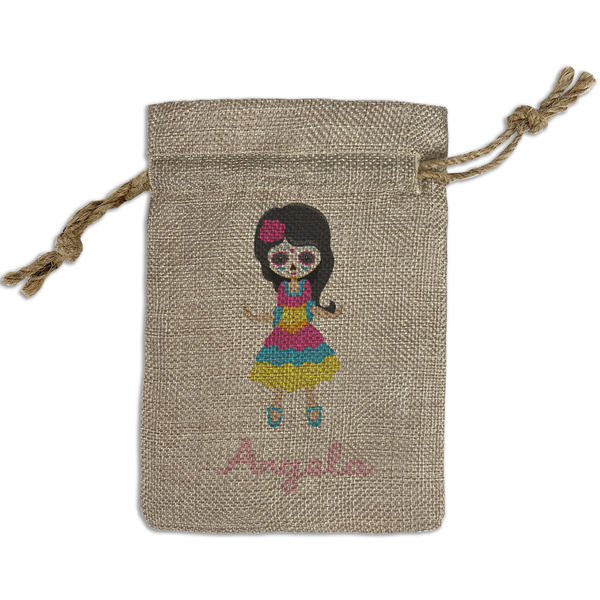 Custom Kids Sugar Skulls Small Burlap Gift Bag - Front (Personalized)