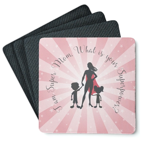 Custom Super Mom Square Rubber Backed Coasters - Set of 4