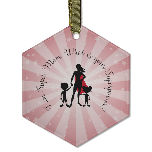 Custom Super Mom Flat Glass Ornament - Hexagon