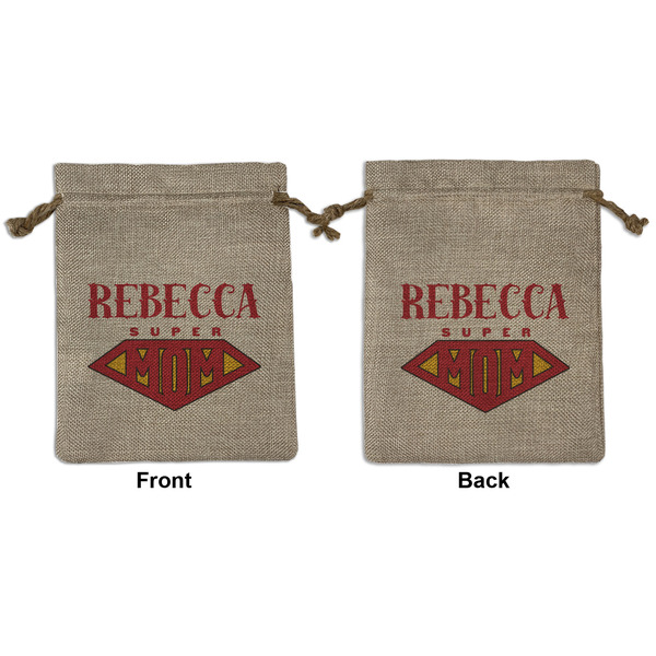 Custom Super Mom Medium Burlap Gift Bag - Front & Back