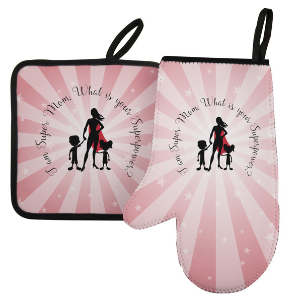 Custom Super Mom Left Oven Mitt & Pot Holder Set