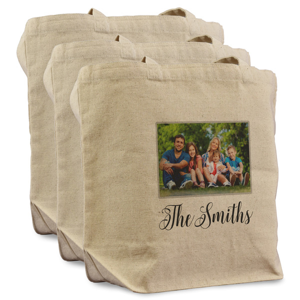 Custom Family Photo and Name Reusable Cotton Grocery Bags - Set of 3