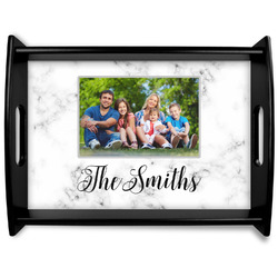 Family Photo and Name Black Wooden Tray - Large