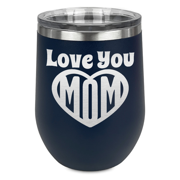 Custom Love You Mom Stemless Stainless Steel Wine Tumbler - Navy - Double Sided