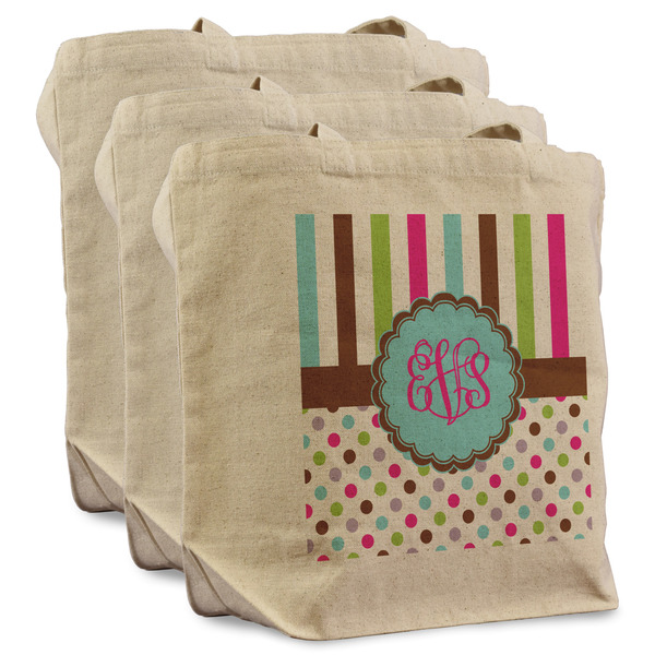 Custom Stripes & Dots Reusable Cotton Grocery Bags - Set of 3 (Personalized)