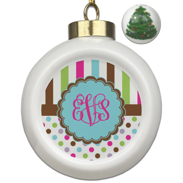 Custom Stripes & Dots Ceramic Ball Ornament - Christmas Tree (Personalized)