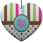 Stripes & Dots Heart Ceramic Ornament w/ Monogram