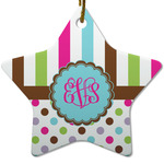 Stripes & Dots Star Ceramic Ornament w/ Monogram