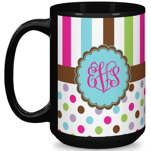 Custom Stripes & Dots 15 Oz Coffee Mug - Black (Personalized)