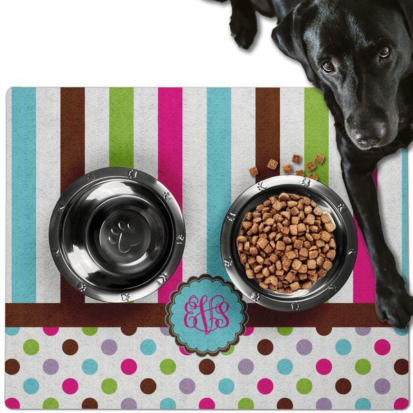 Custom Stripes & Dots Dog Food Mat - Large w/ Monogram