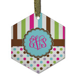 Stripes & Dots Flat Glass Ornament - Hexagon w/ Monogram