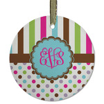 Stripes & Dots Flat Glass Ornament - Round w/ Monogram