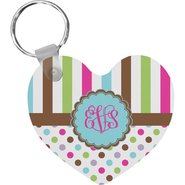 Custom Stripes & Dots Heart Plastic Keychain w/ Monogram