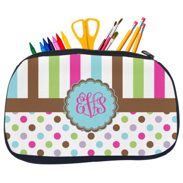 Custom Stripes & Dots Neoprene Pencil Case - Medium w/ Monogram