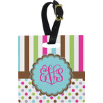 Stripes & Dots Plastic Luggage Tag - Square w/ Monogram