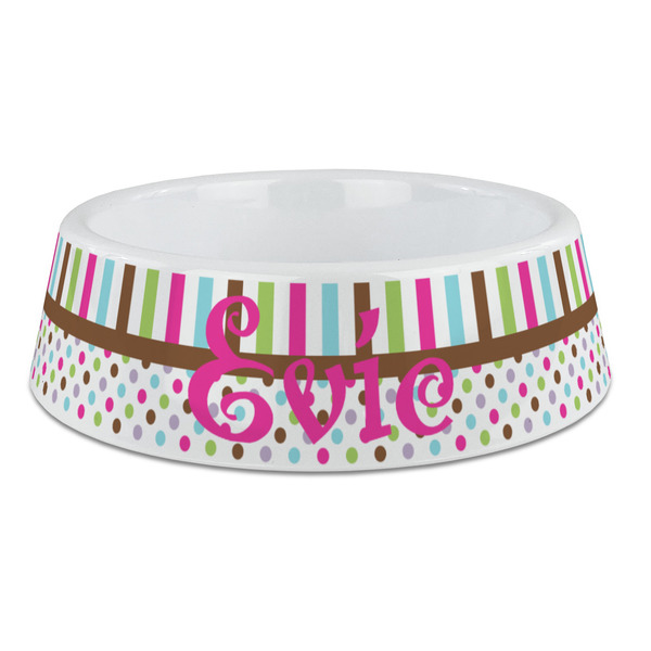 Custom Stripes & Dots Plastic Dog Bowl - Large (Personalized)