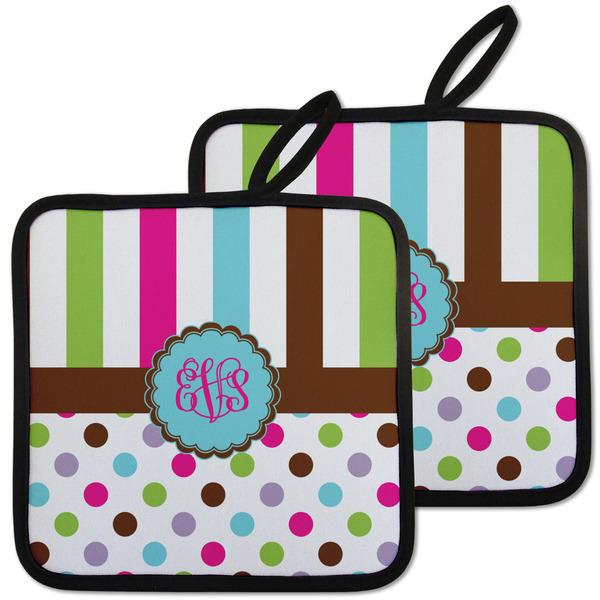 Custom Stripes & Dots Pot Holders - Set of 2 w/ Monogram