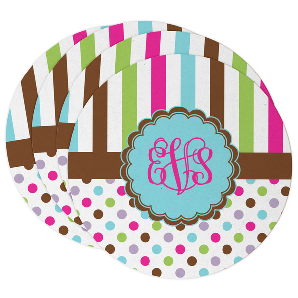 Custom Stripes & Dots Round Paper Coasters w/ Monograms