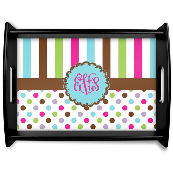 Custom Stripes & Dots Black Wooden Tray - Large (Personalized)