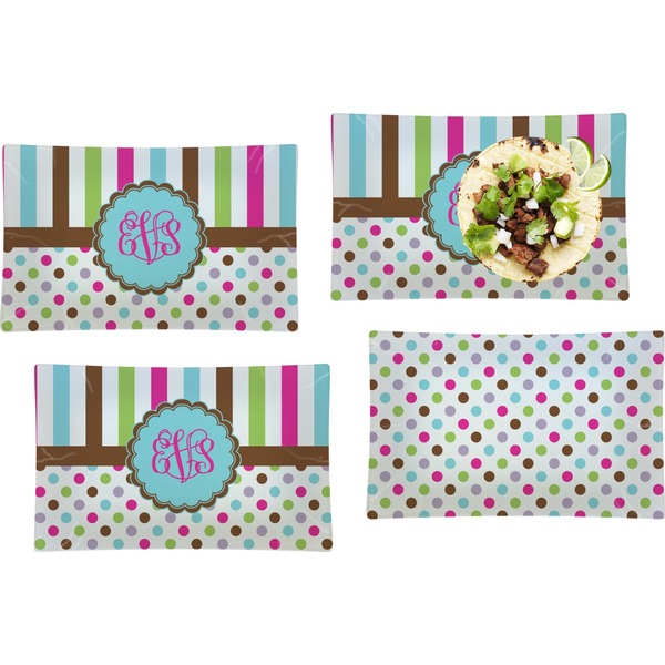 Custom Stripes & Dots Set of 4 Glass Rectangular Lunch / Dinner Plate (Personalized)