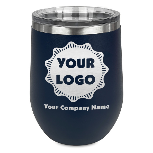 Custom Logo & Company Name Stemless Stainless Steel Wine Tumbler - Navy - Double-Sided