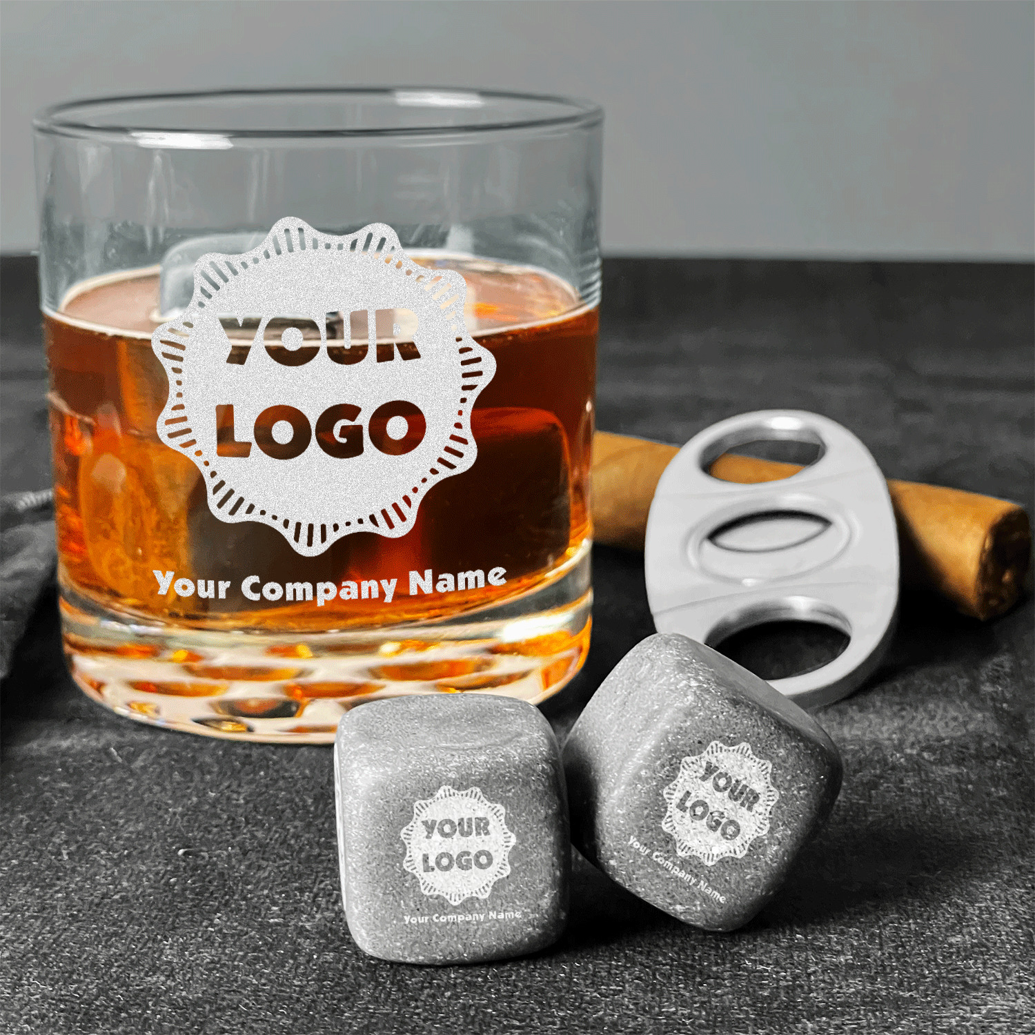 Corporate Engraved Scotch Glass & Stone Set