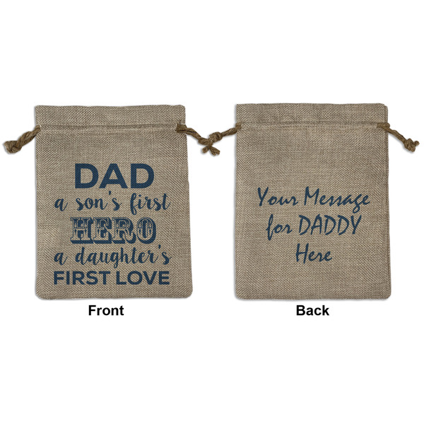 Custom My Father My Hero Medium Burlap Gift Bag - Front & Back