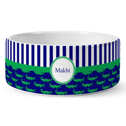 Alligators & Stripes Ceramic Dog Bowl - Large (Personalized)