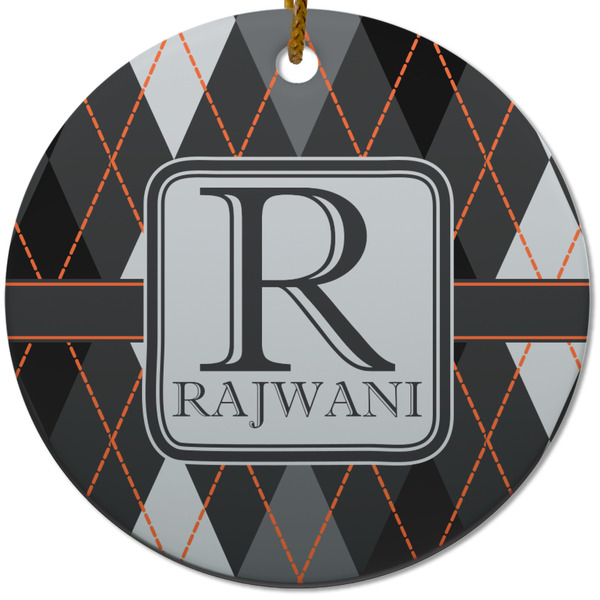 Custom Modern Chic Argyle Round Ceramic Ornament w/ Name and Initial