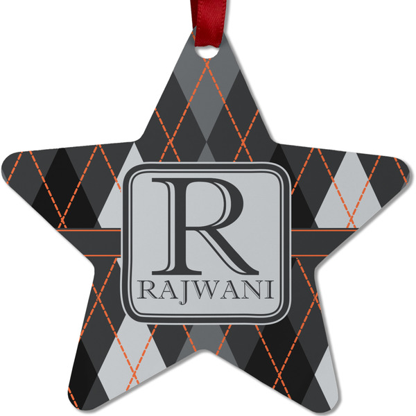 Custom Modern Chic Argyle Metal Star Ornament - Double Sided w/ Name and Initial