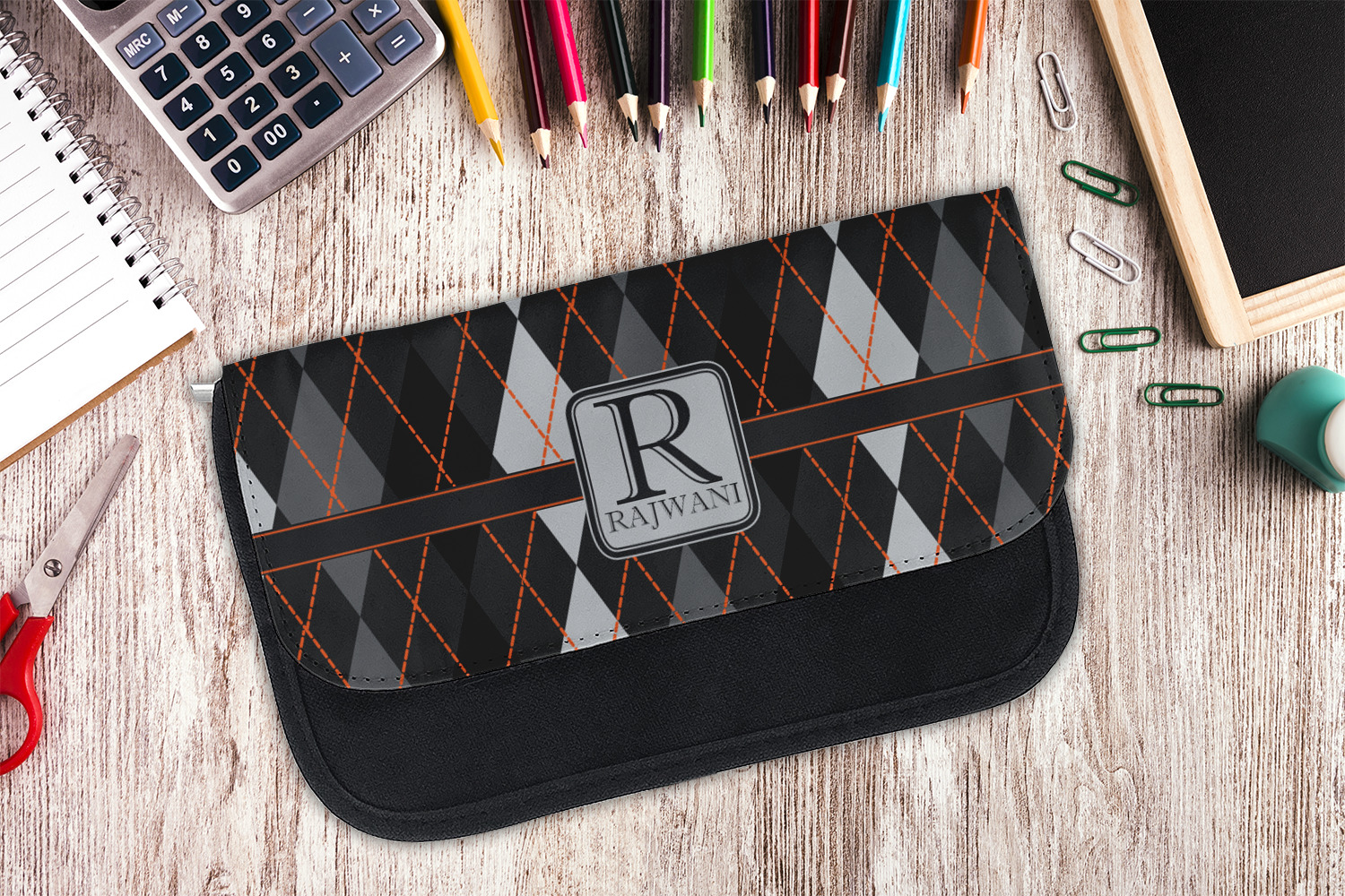 Custom Modern Chic Argyle Canvas Pencil Case w/ Name and Initial