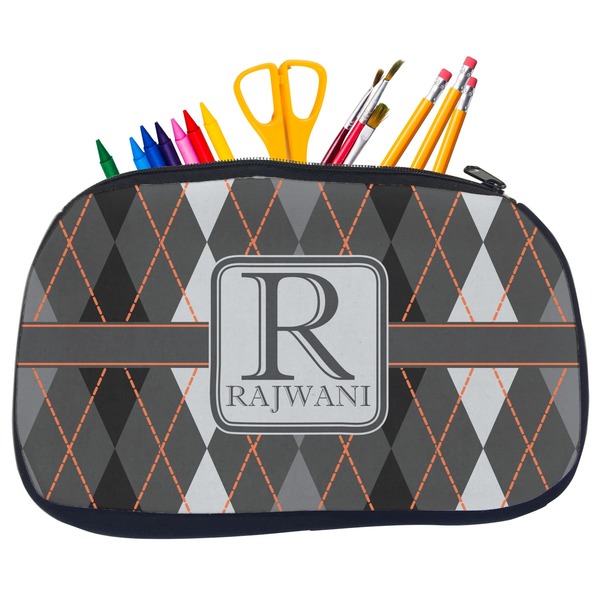 Custom Modern Chic Argyle Neoprene Pencil Case - Medium w/ Name and Initial