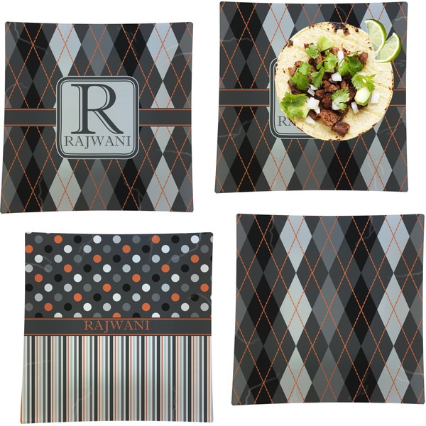 Custom Modern Chic Argyle Set of 4 Glass Square Lunch / Dinner Plate 9.5" (Personalized)