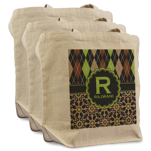 Custom Argyle & Moroccan Mosaic Reusable Cotton Grocery Bags - Set of 3 (Personalized)