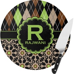 Argyle & Moroccan Mosaic Round Glass Cutting Board - Small (Personalized)