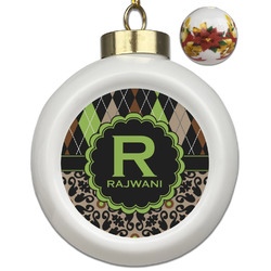 Argyle & Moroccan Mosaic Ceramic Ball Ornaments - Poinsettia Garland (Personalized)