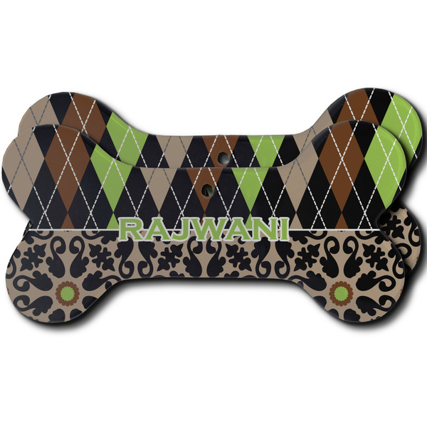 Custom Argyle & Moroccan Mosaic Ceramic Dog Ornament - Front & Back w/ Name and Initial