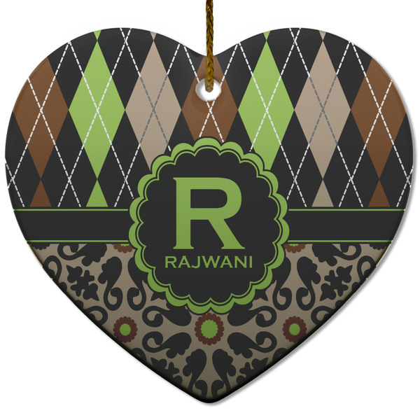 Custom Argyle & Moroccan Mosaic Heart Ceramic Ornament w/ Name and Initial