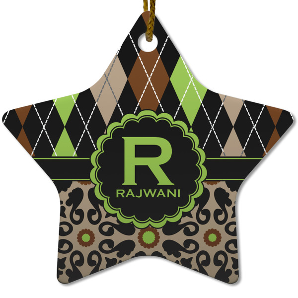 Custom Argyle & Moroccan Mosaic Star Ceramic Ornament w/ Name and Initial