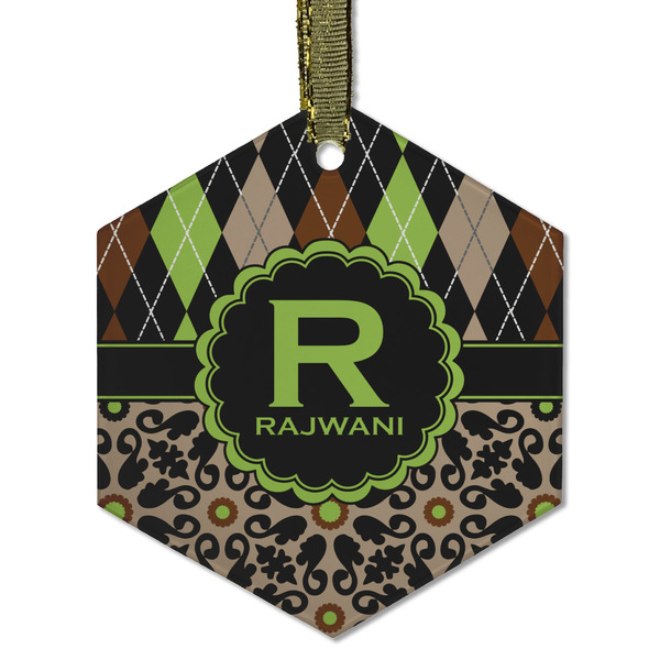 Custom Argyle & Moroccan Mosaic Flat Glass Ornament - Hexagon w/ Name and Initial