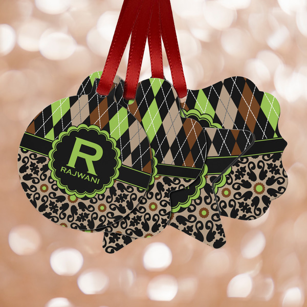 Custom Argyle & Moroccan Mosaic Metal Ornaments - Double Sided w/ Name and Initial