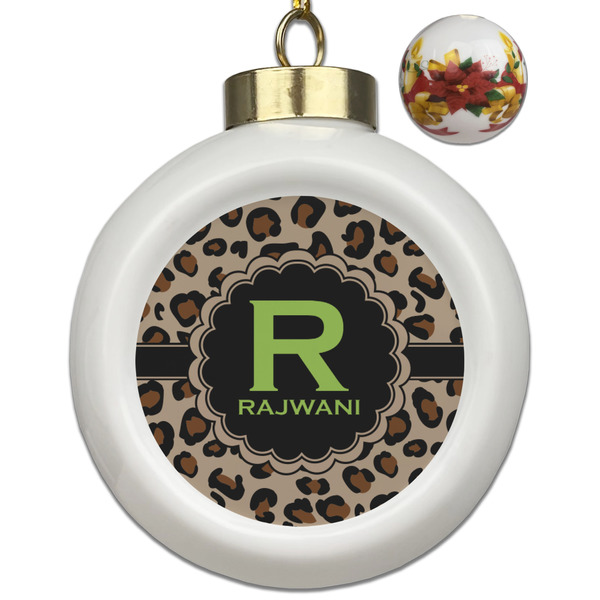 Custom Granite Leopard Ceramic Ball Ornaments - Poinsettia Garland (Personalized)